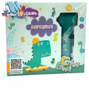 SET ARTE E COLORE CUTEST DINO AEROGRAFO 1 NEBULIZZATORE ELETTRICO+12 PENNARELLI A2 PUNTE 12COLORI 1STENCIL 15X21CM+LIBRO